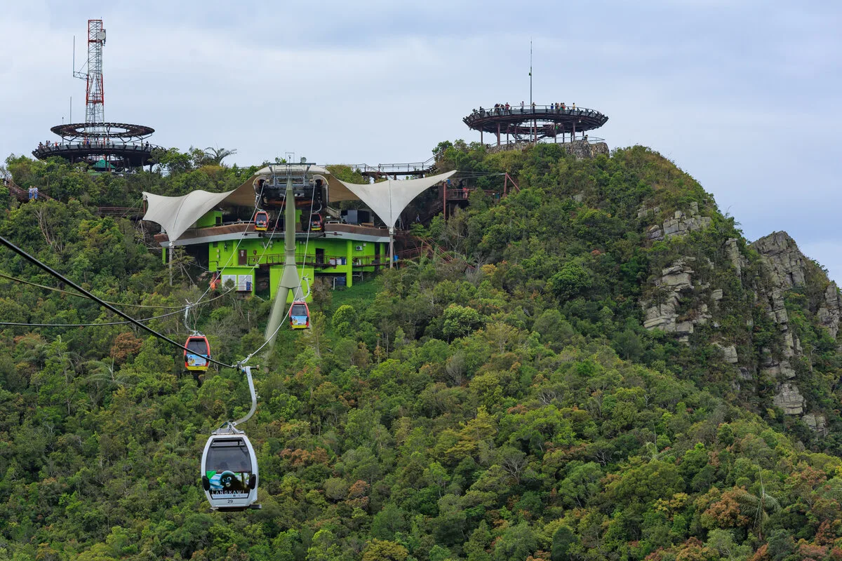 Langkawi Cable Car gondolas climbing to the top station on Gunung Mat Cincang