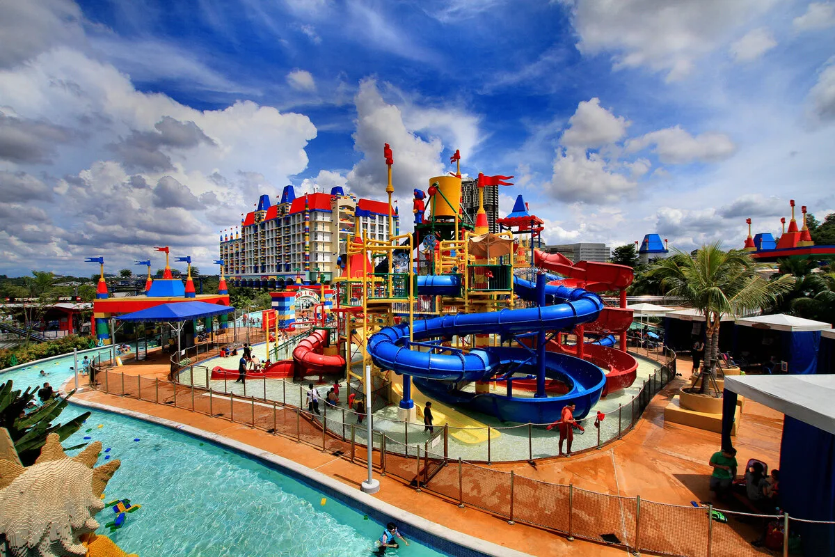 Colourful slide towers and lazy river at LEGOLAND Malaysia Water Park, Johor