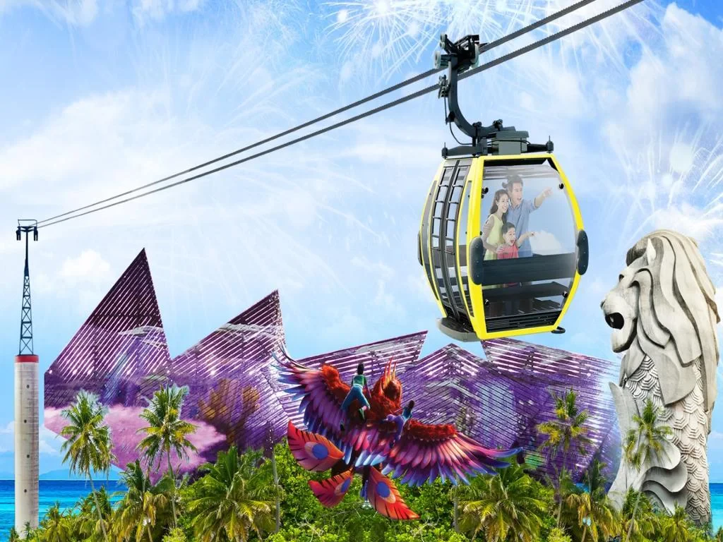 Glass-floor Cable Car Sky Pass cabin approaching Sentosa Island station