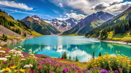 A Beautiful view of the Zailiyskiy Alatau Mountains in Almaty, featuring the turquoise Big Almaty Lake surrounded by lush green vegetation and snow-capped peaks under a bright sunny sky. Keywords: Zailiyskiy Alatau Mountains, Almaty, Big Almaty Lake.