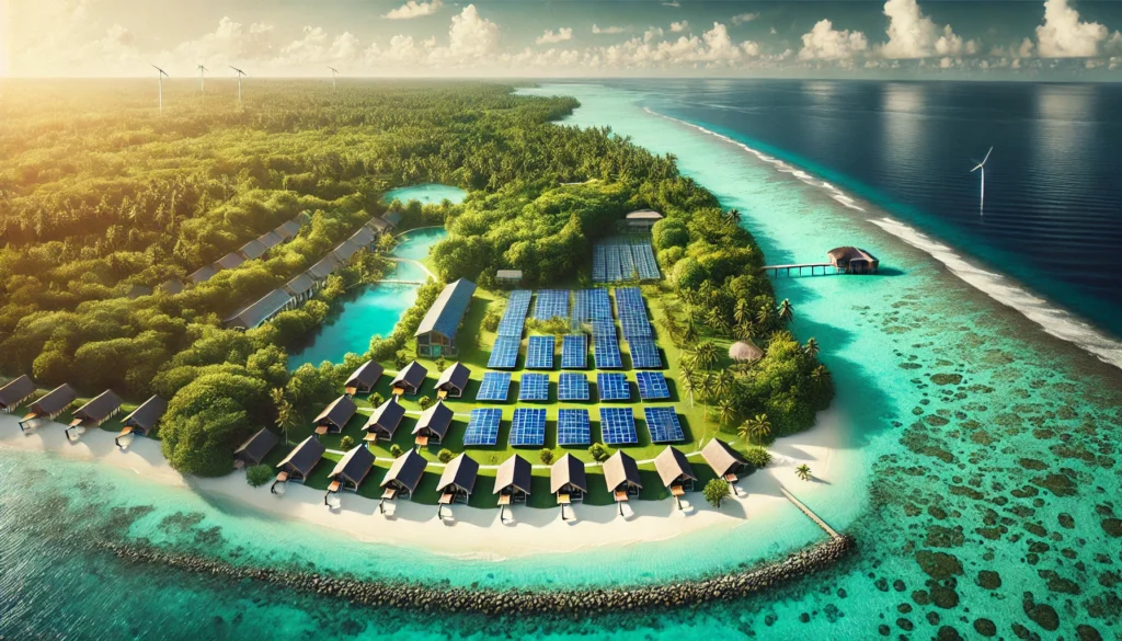 showcasing sustainability efforts, featuring lush greenery, turquoise waters, and a clean beachfront, emphasizing eco-friendly practices in a tropical paradise.