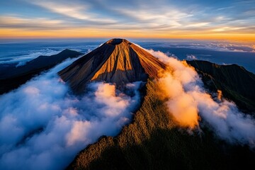 Adventure Activities in Bali: Explore the Thrill of Mount Batur" – A stunning image capturing the majestic Mount Batur at sunrise, with vibrant colors and clouds surrounding the peak. Ideal for adventure enthusiasts who love hiking, this is a must-see destination for nature lovers and thrill-seekers visiting Bali.