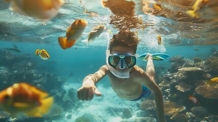 Snorkelers and divers exploring the vibrant underwater world of Bali's Nusa Islands, swimming alongside colorful coral reefs and marine life such as turtles and manta rays in crystal-clear waters. A perfect adventure for ocean lovers seeking an unforgettable aquatic experience.