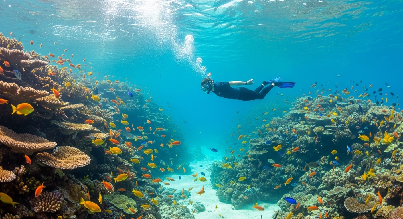 Snorkeller over the Rainbow Reef at Adventure Cove Waterpark surrounded by tropical fish