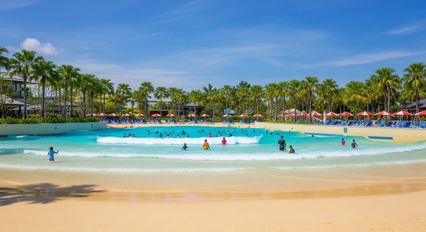 Bluwater Bay wave pool at Adventure Cove Waterpark Singapore with swimmers