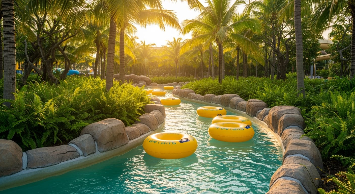 Adventure River lazy river winding through the tropical Adventure Cove Waterpark