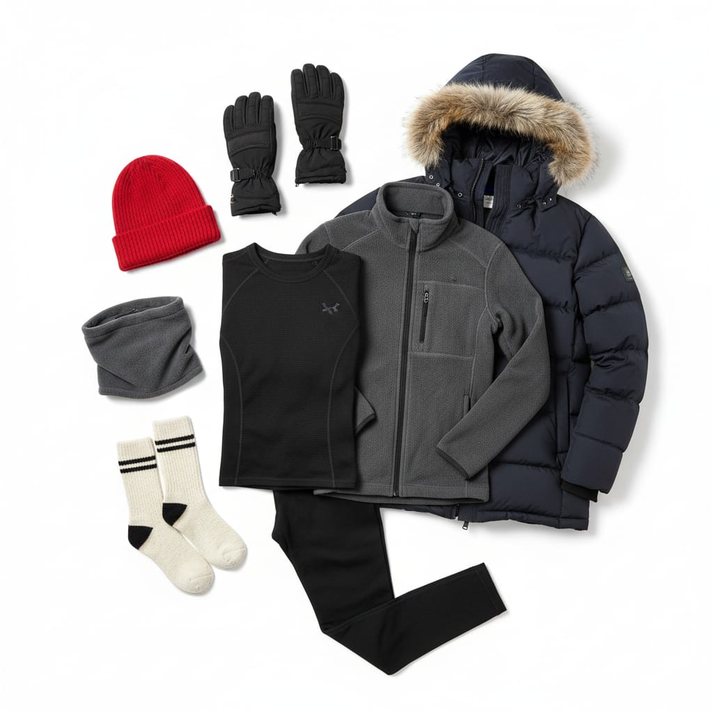 Winter layering system clothes for extreme cold travel