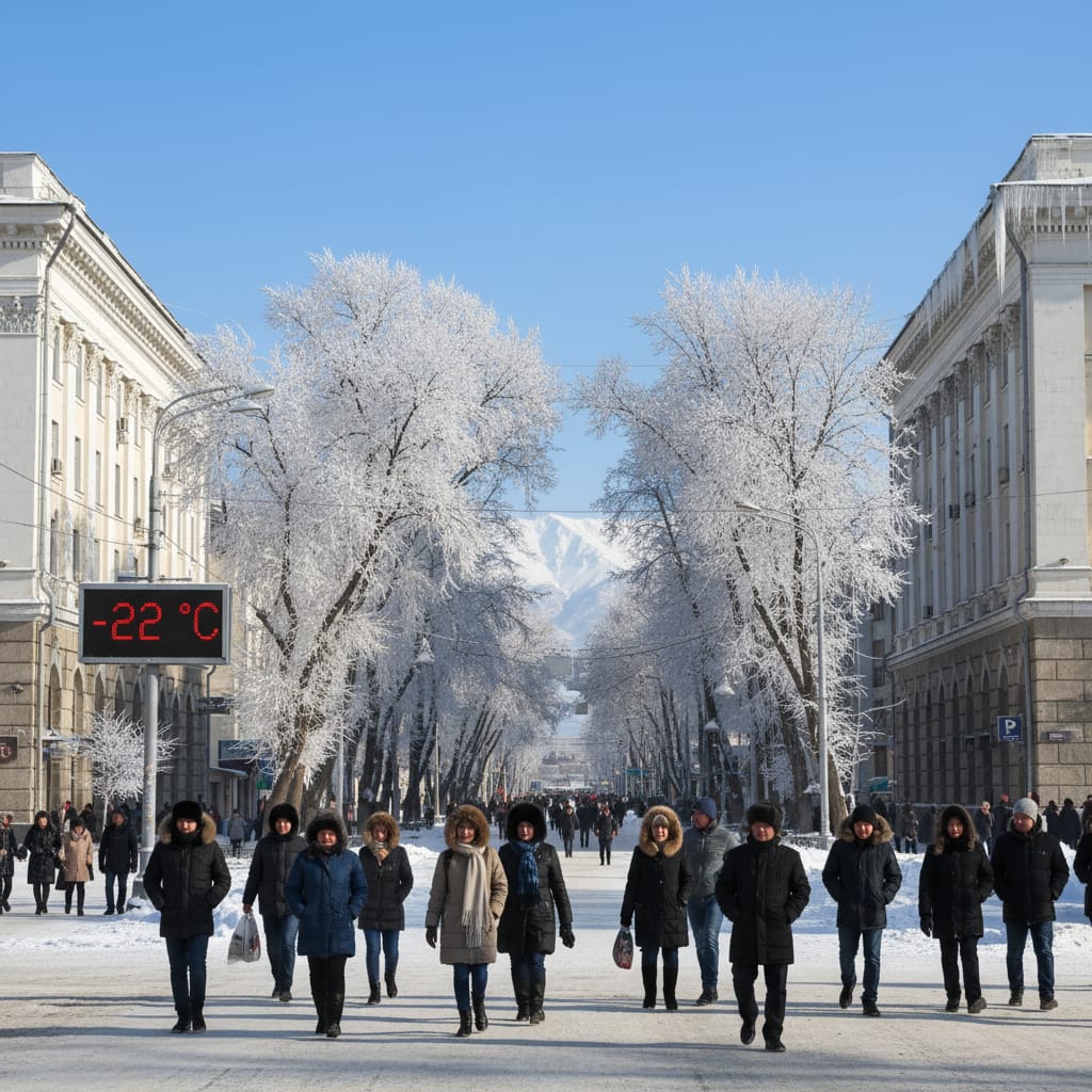 Almaty winter street scene showing extreme cold temperatures