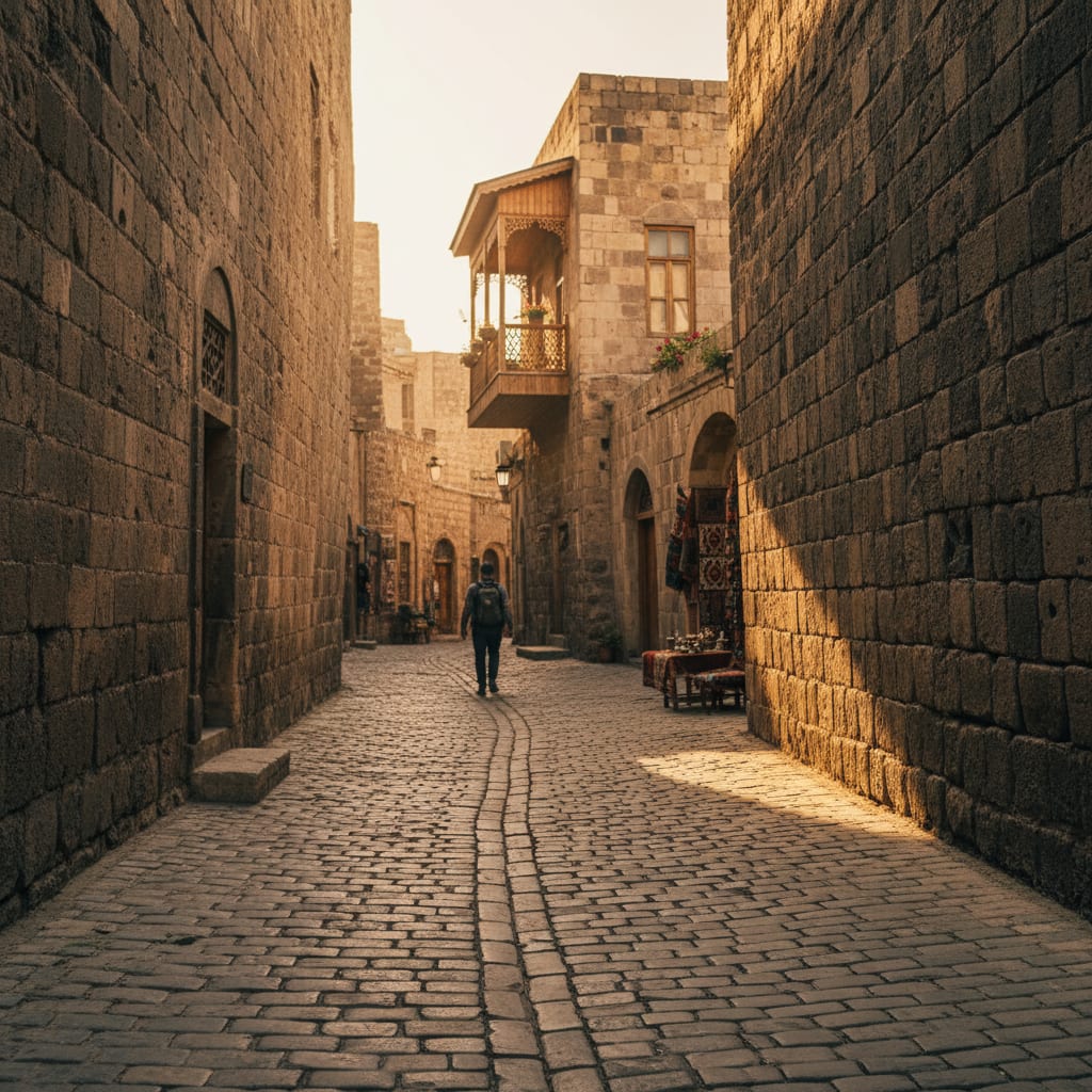 Baku Old City cobblestone streets with ancient stone walls