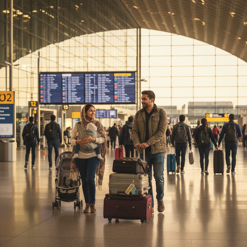 traveling with baby international flight india - family at airport