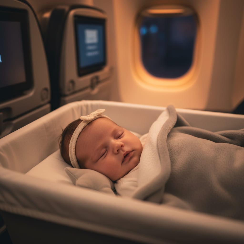 baby sleeping in airplane bassinet during international flight