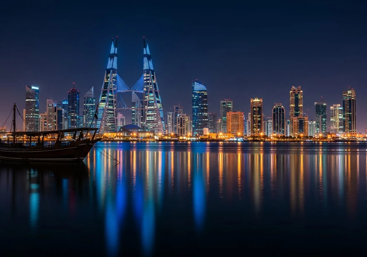 Manama Bahrain skyline at night with city reflections