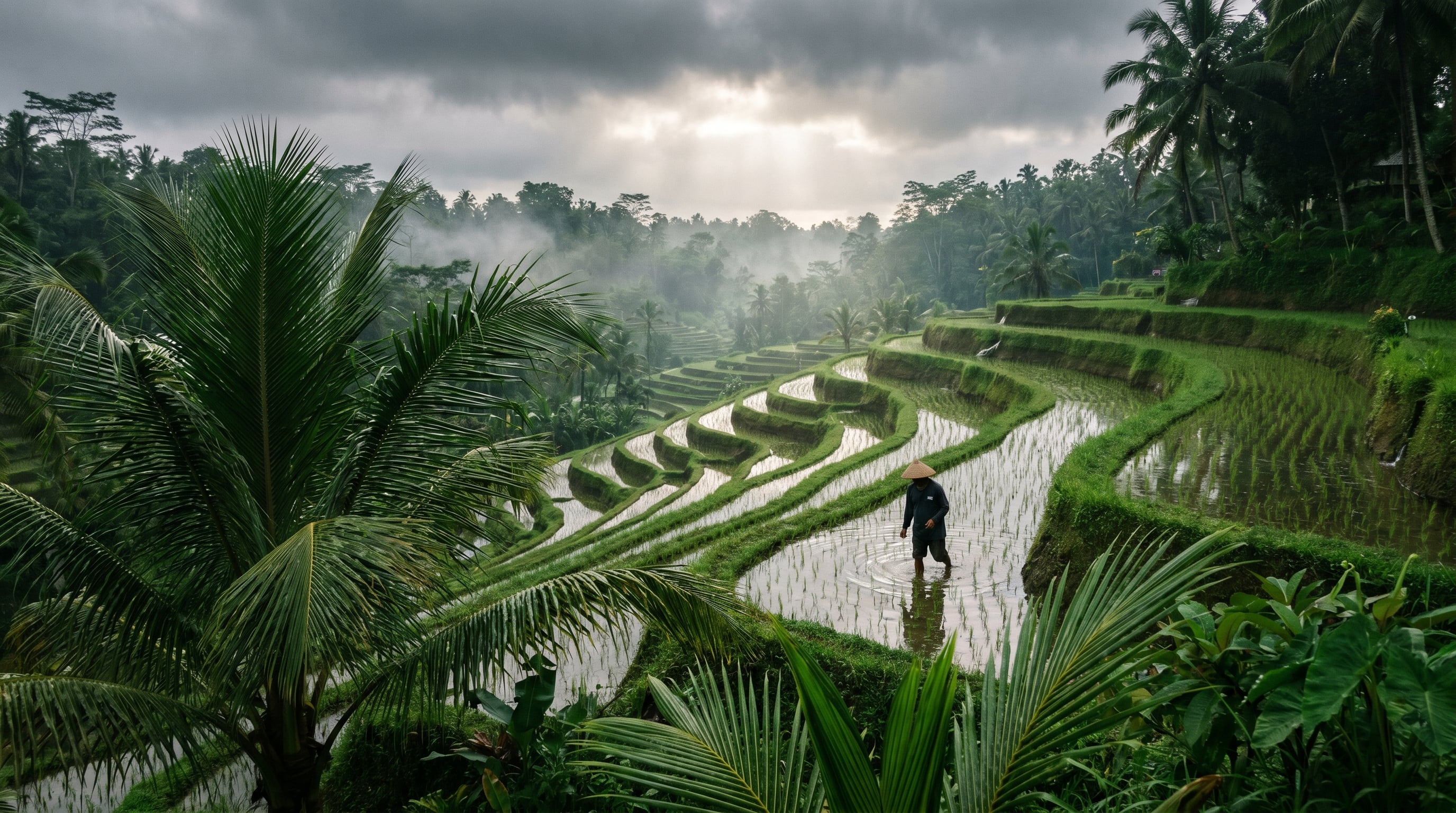 Lush green rice terraces near Ubud during the Bali wet season