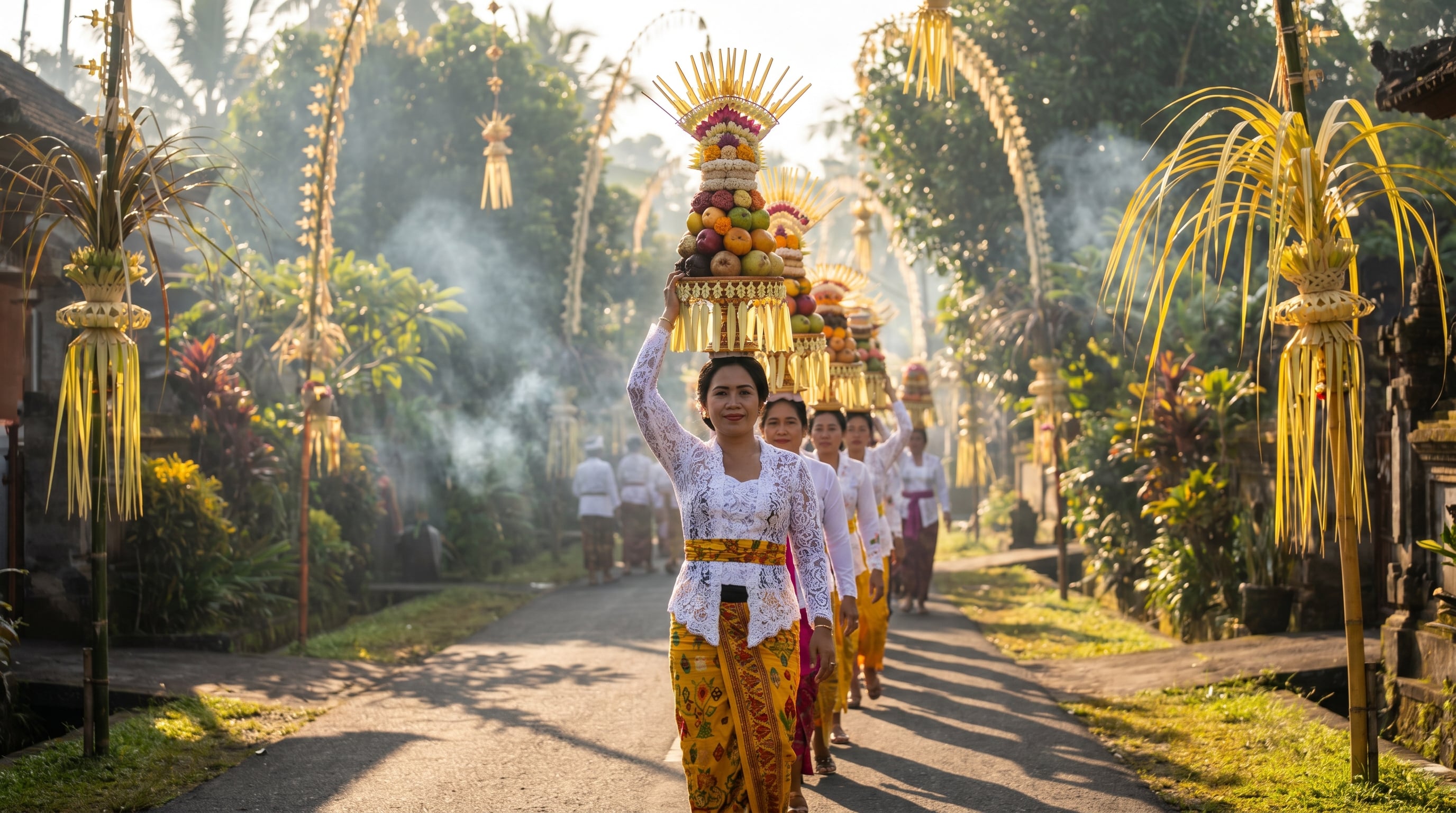 Balinese temple procession during the Galungan festival in Bali