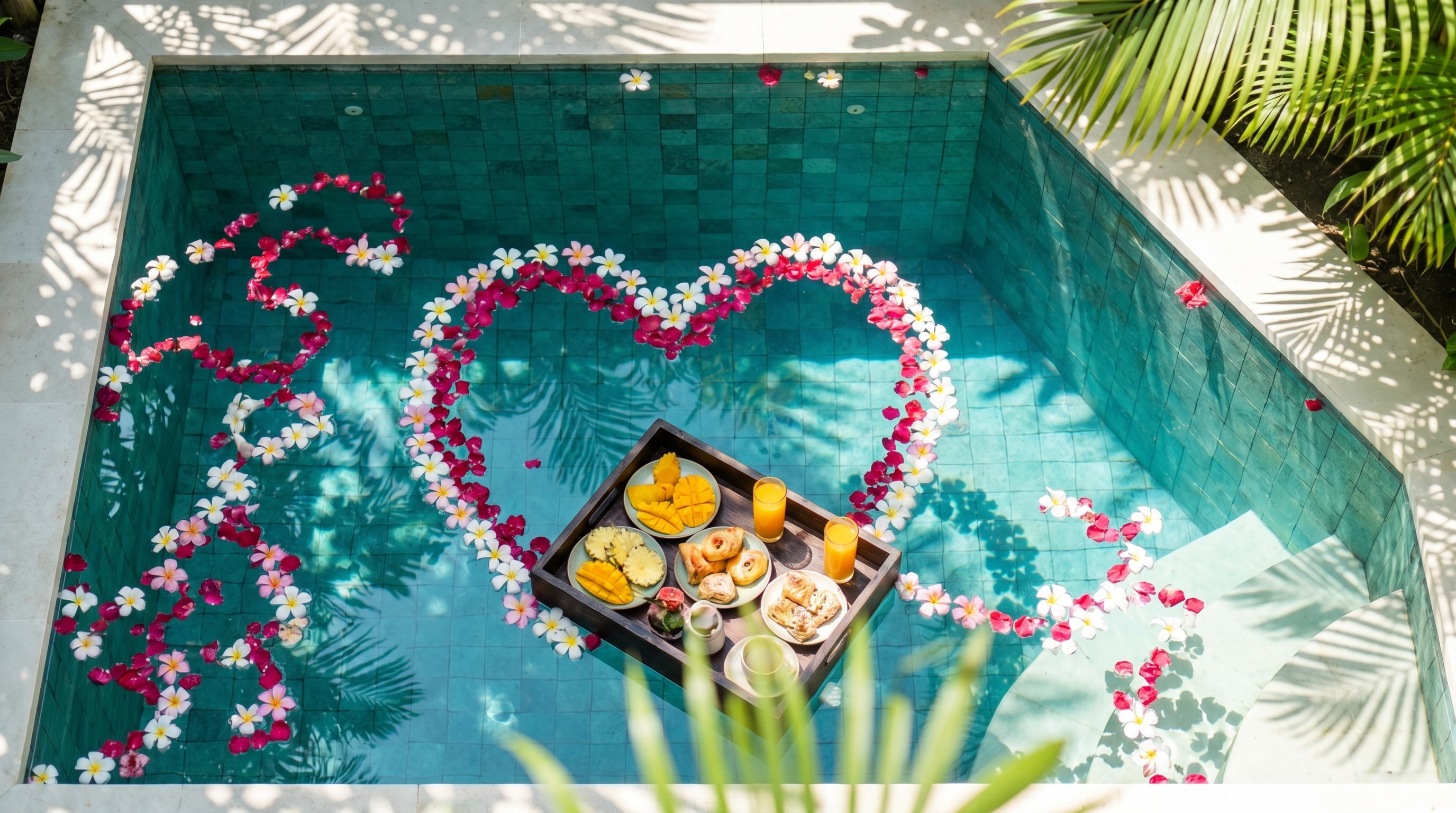 Bali honeymoon private-pool villa with frangipani petals and a floating breakfast