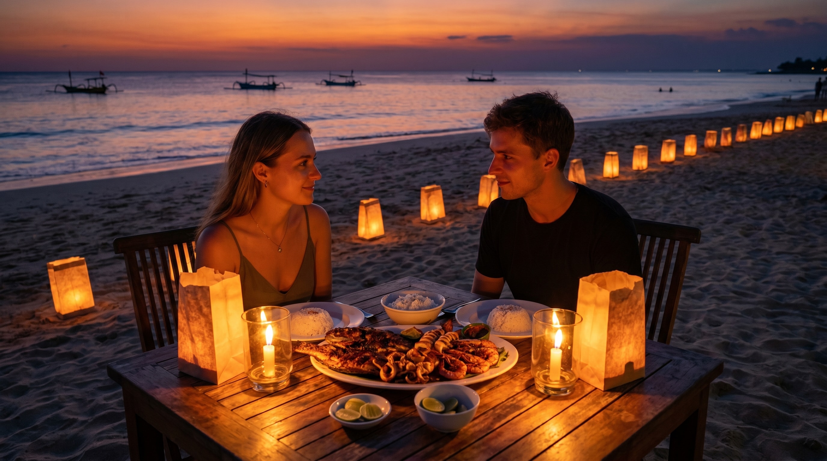 Candlelit Jimbaran beach seafood dinner for a romantic Bali honeymoon