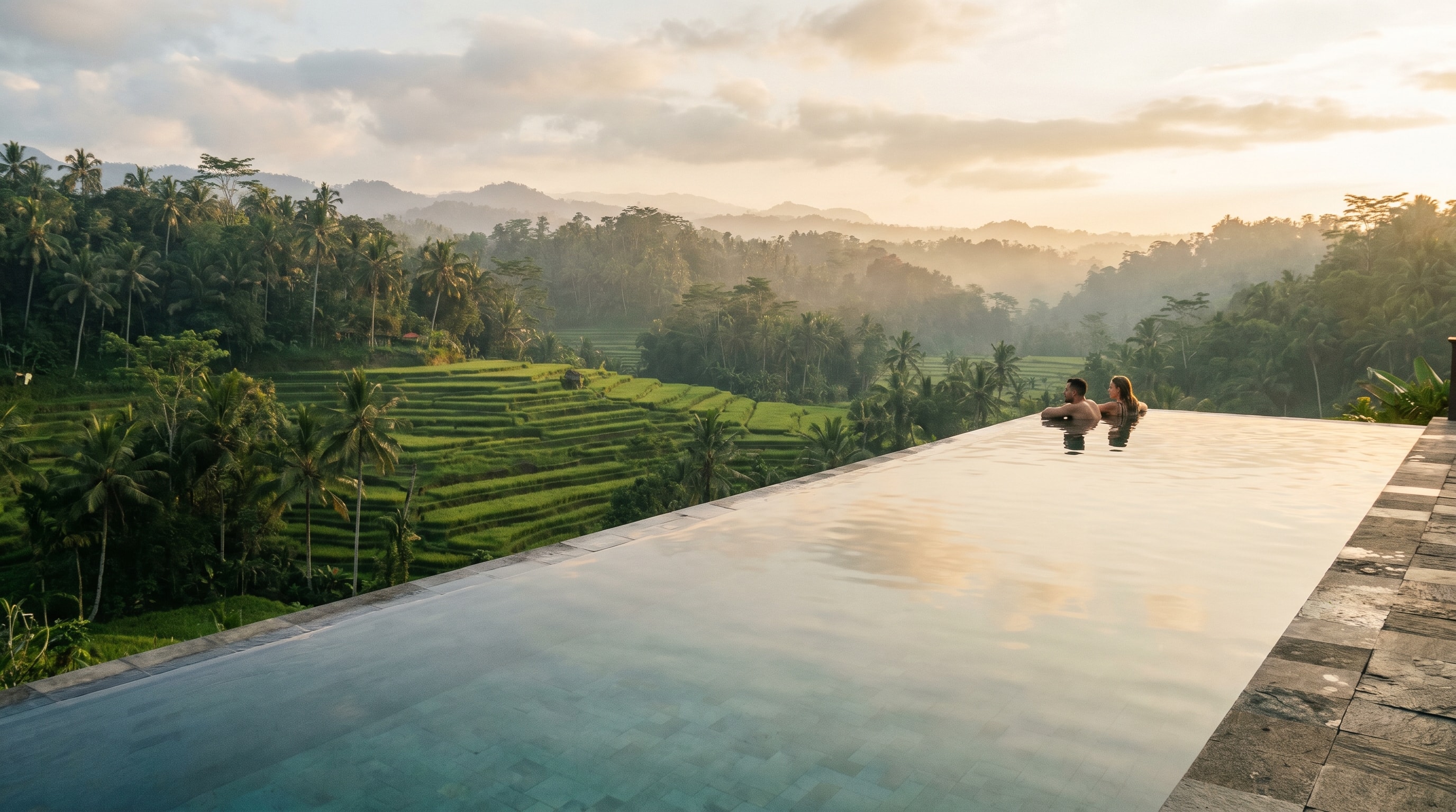 Infinity pool overlooking Ubud rice terraces on a Bali honeymoon