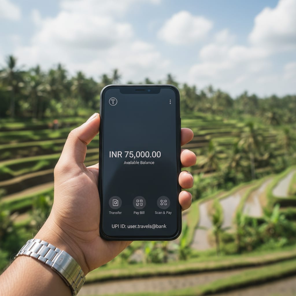 mobile banking app showing account balance for bali entry requirements