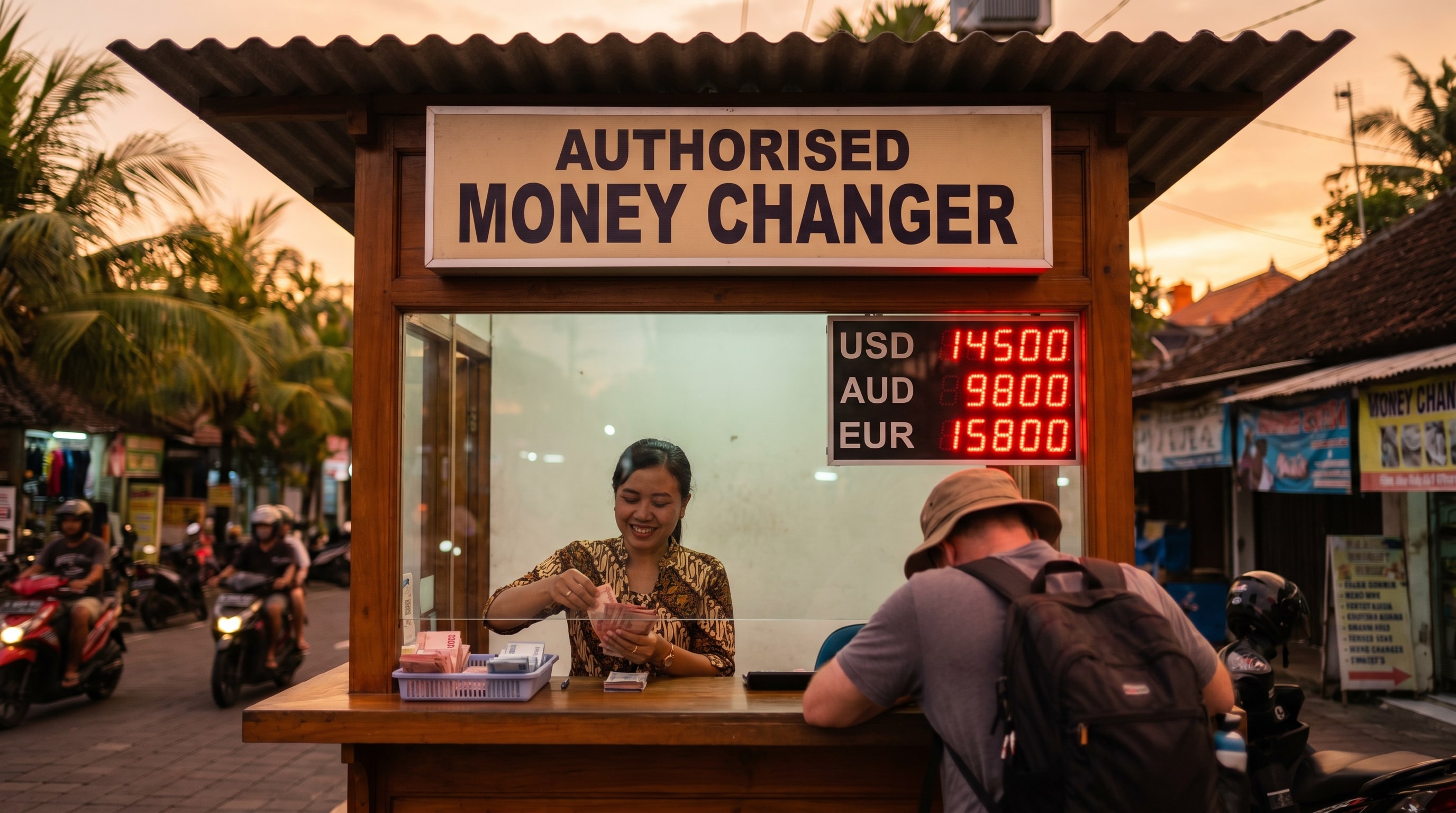 Indonesian rupiah to INR exchange at an authorised money changer kiosk in Bali