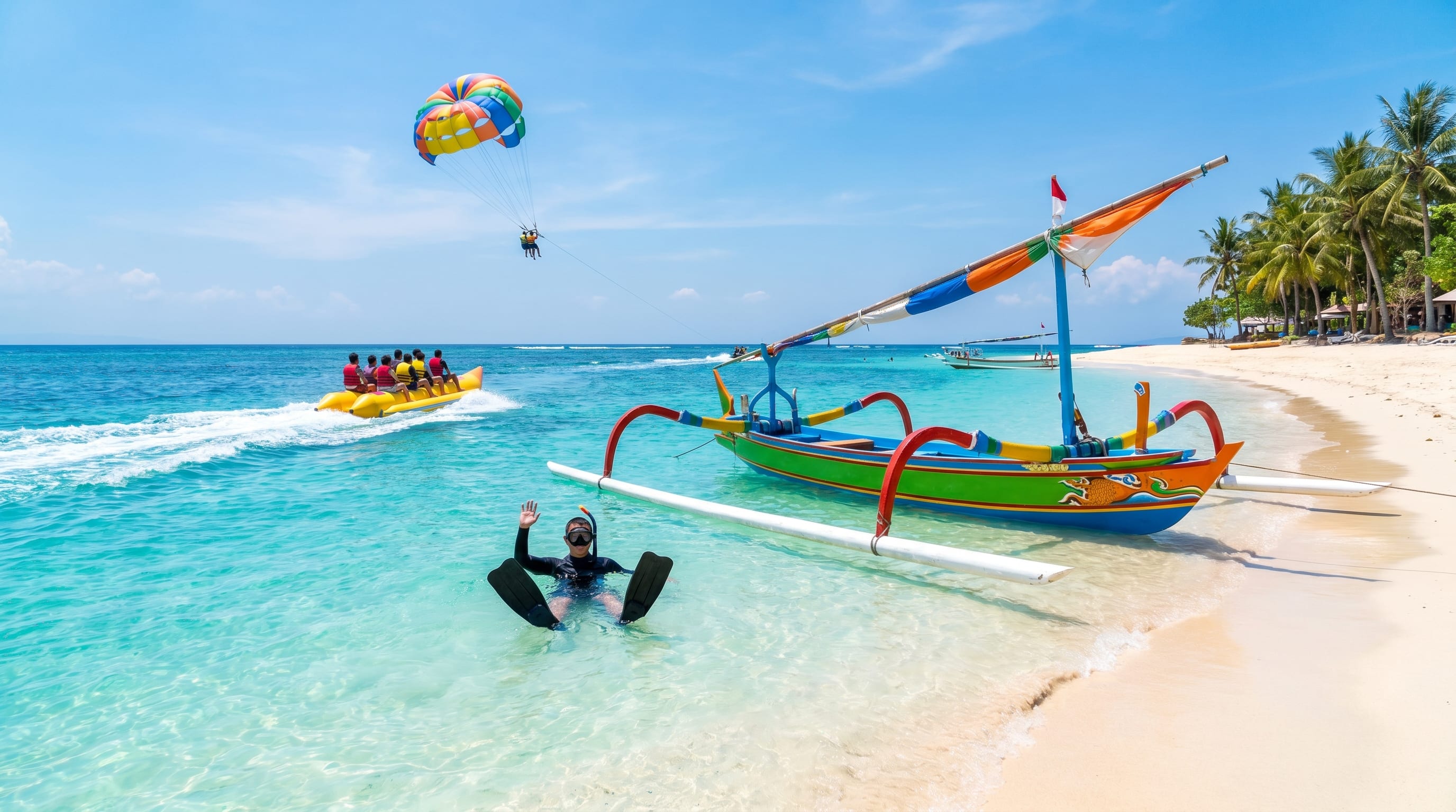 Snorkelling and water sports on a Bali beach, an adventurous thing to do in Bali