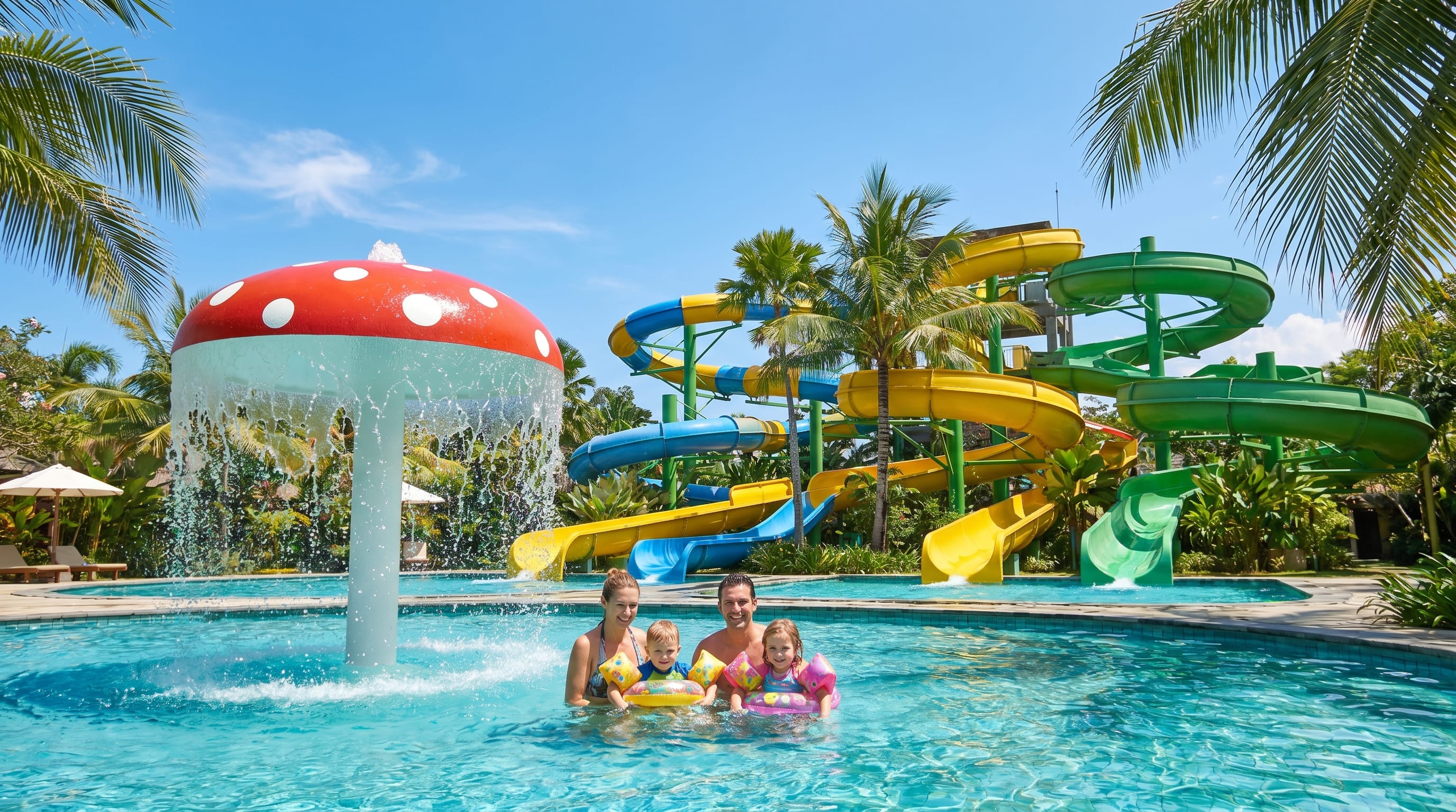 Things to do in Bali with family at a water park, kids splashing in a tropical pool