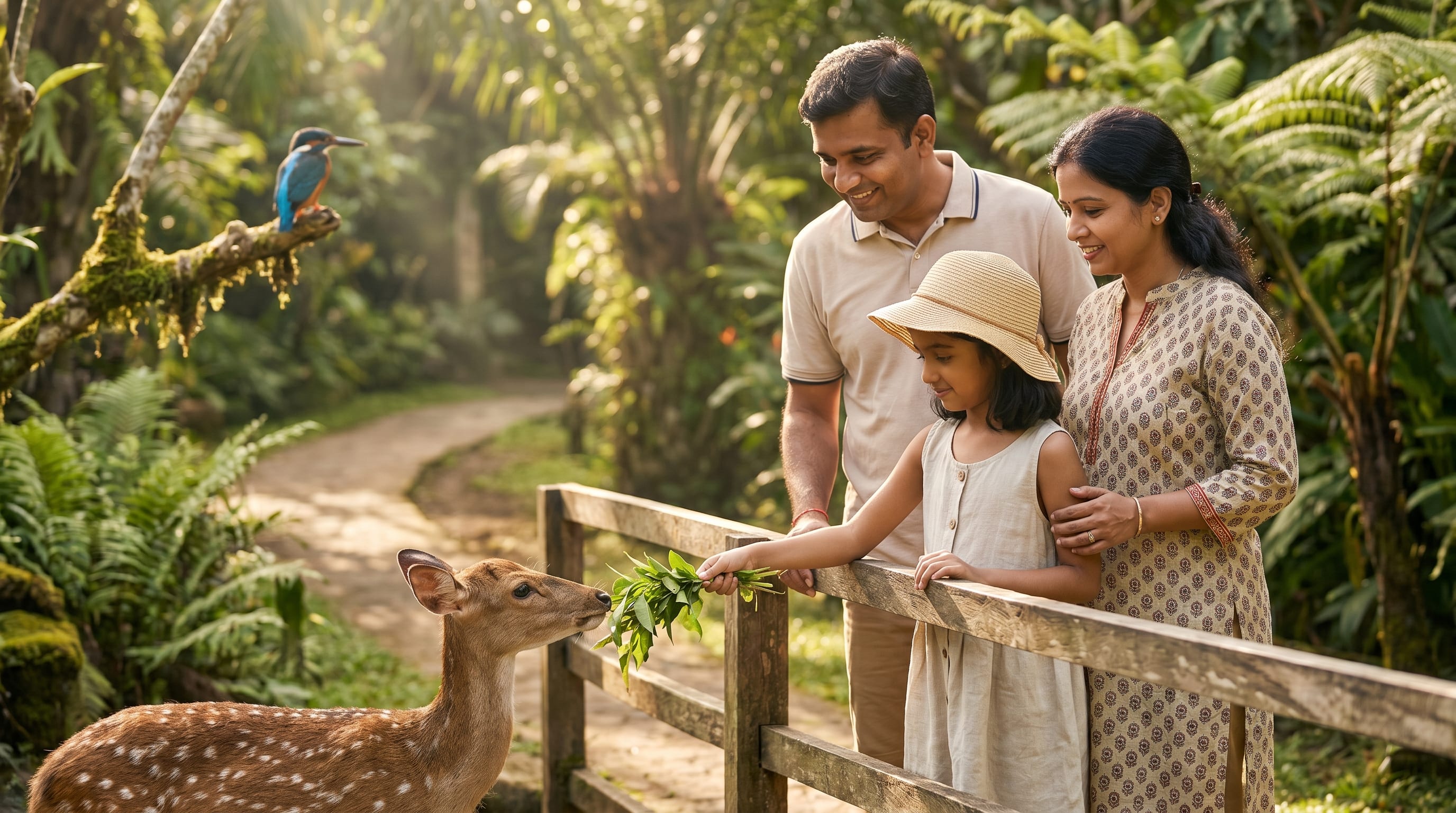 A child ethically feeding a deer at a Bali wildlife park with family
