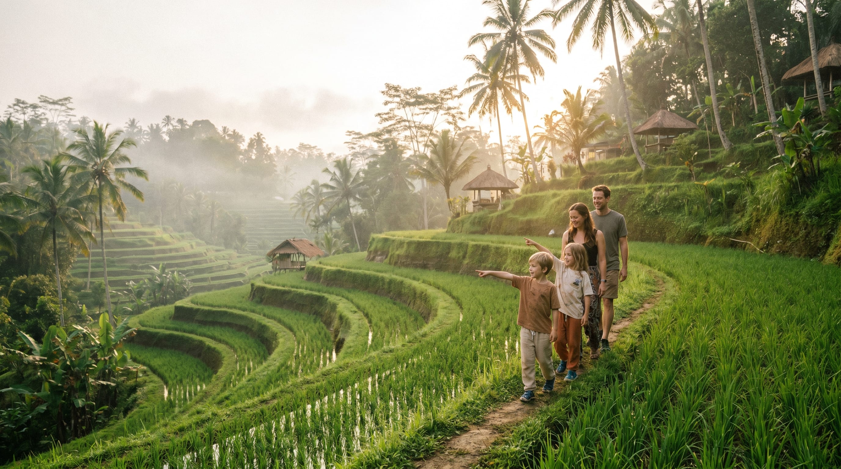 Family walking the green Tegalalang rice terraces near Ubud in Bali