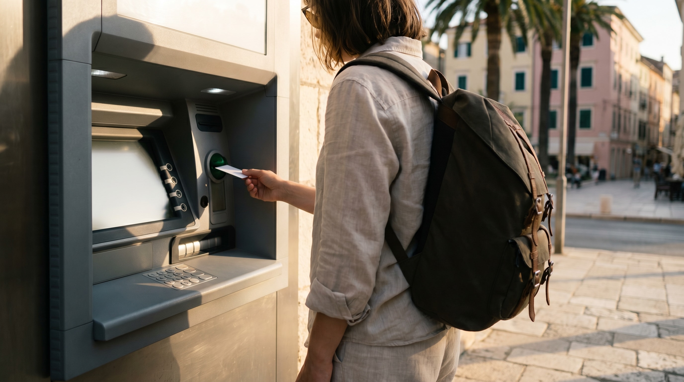 Indian traveller using a blank card at an ATM on a sunny street abroad