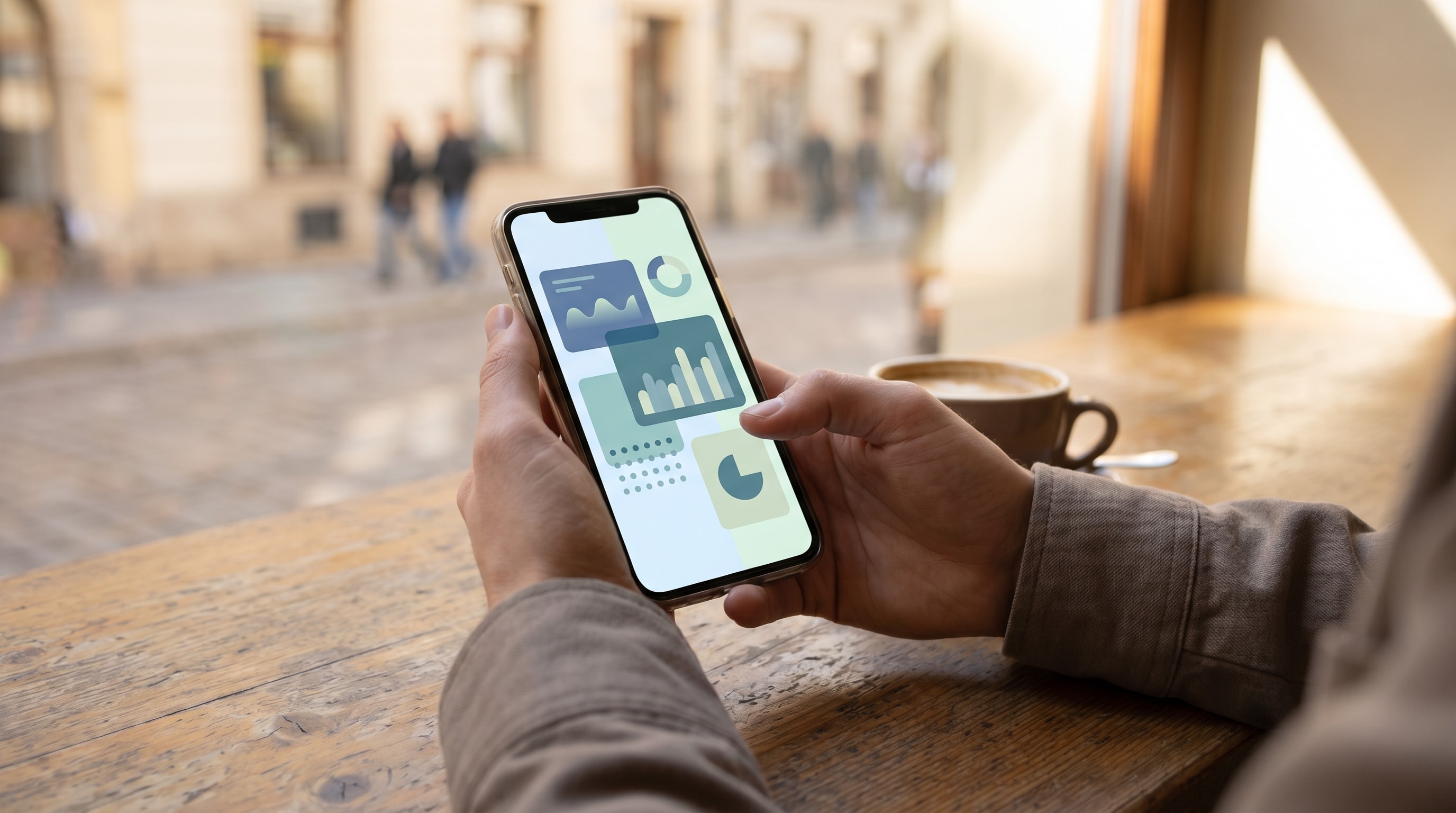 Hands holding a phone with a generic forex card app interface in a cafe abroad