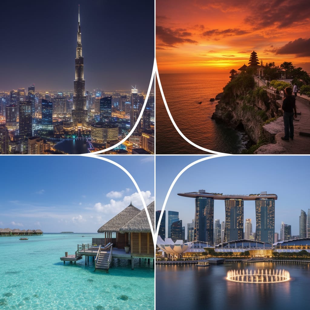 Best travel agency Bangalore destinations collage showing Dubai skyline Bali temple and Maldives overwater villa