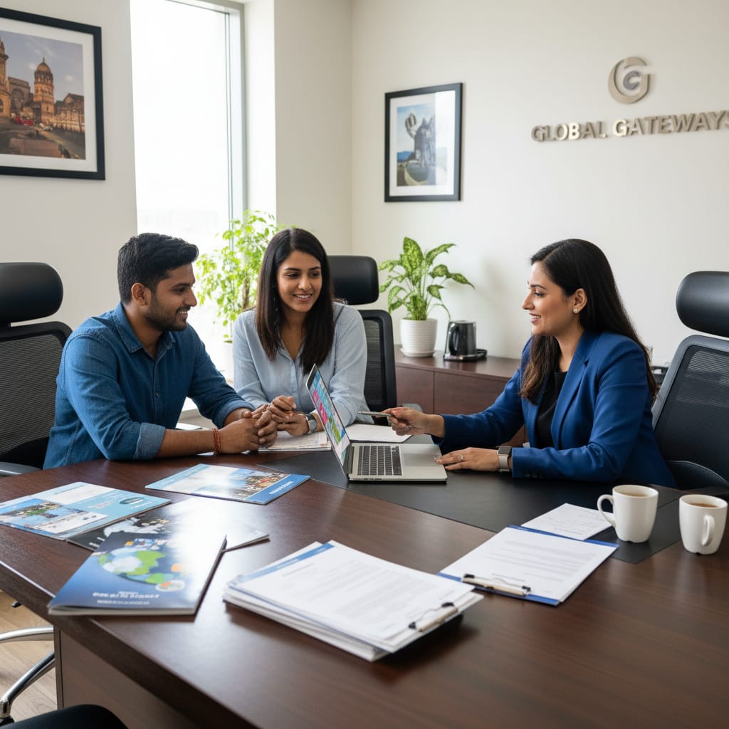 Travel agent in Bangalore office showing international tour package details on laptop to couple