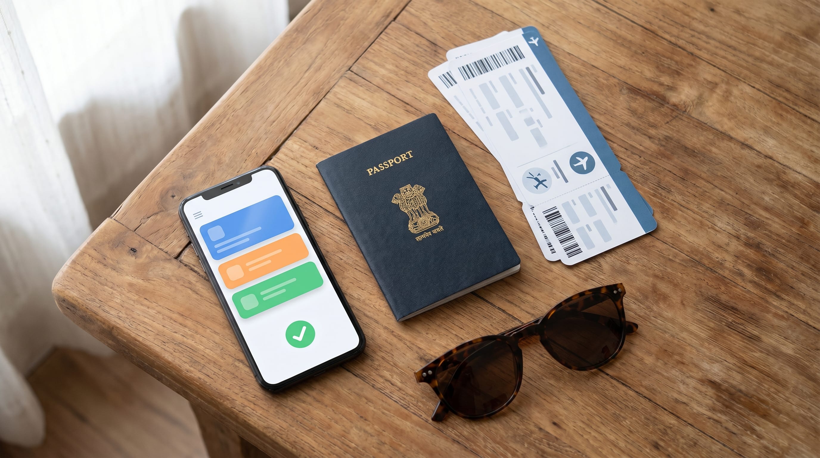 Passport and a travel insurance app on a phone for an India international trip