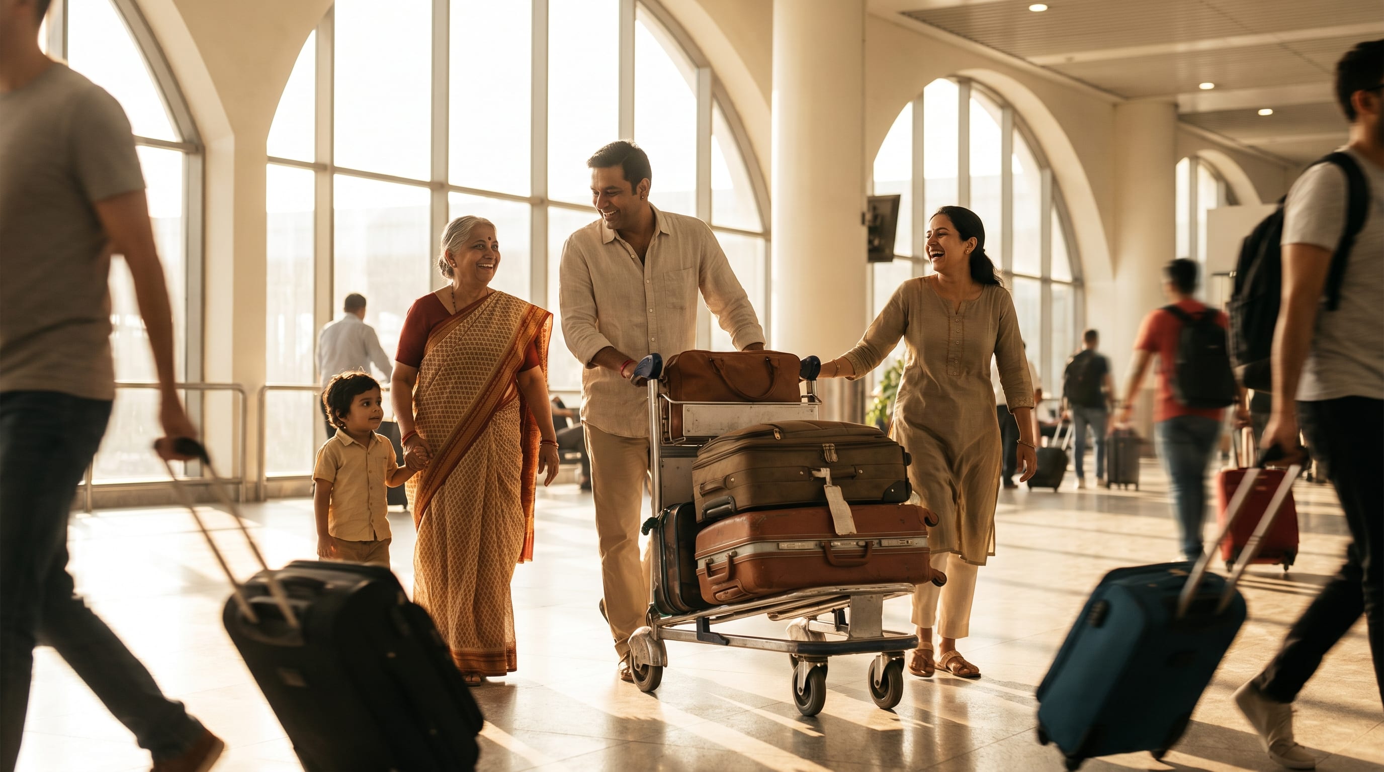 Indian family at the airport choosing the right travel insurance plan