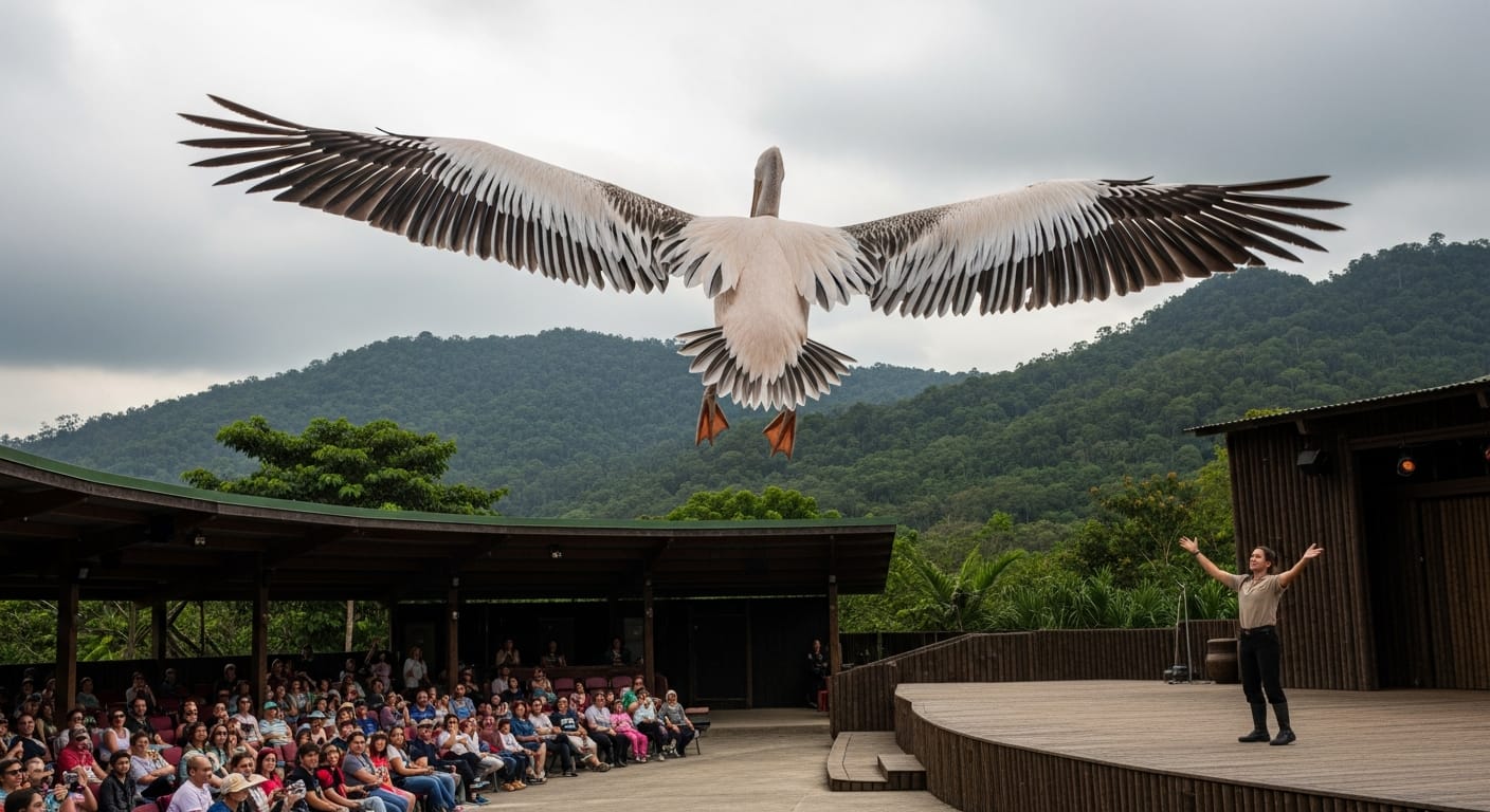 Free-flight bird show at Bird Paradise Singapore with a pelican gliding over the crowd