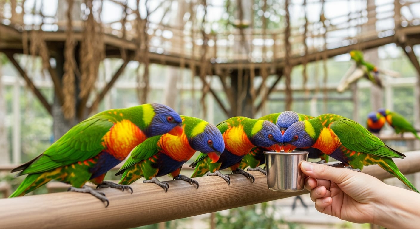 Rainbow lorikeets feeding from a nectar cup at the Lory Loft, a highlight of Bird Paradise Singapore