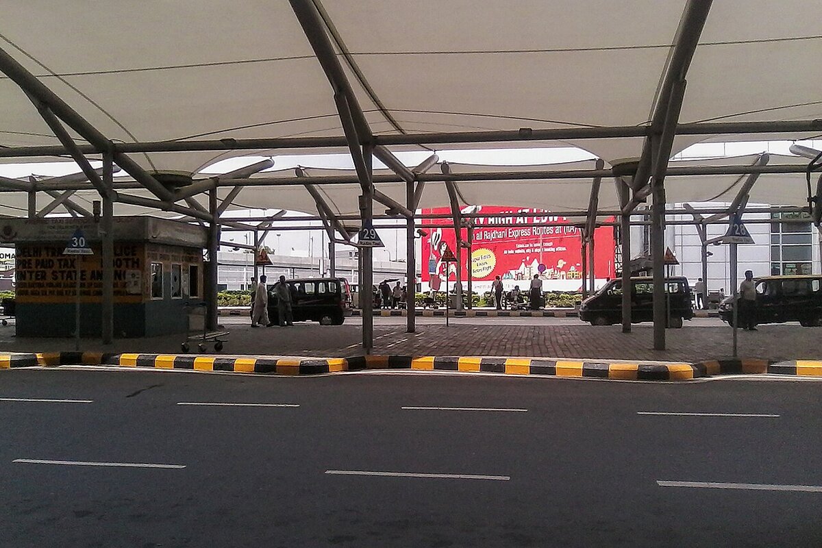 New Delhi airport terminal exterior night