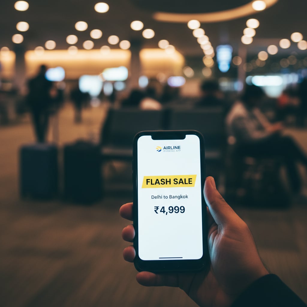 Phone showing cheap flight alert notification from India