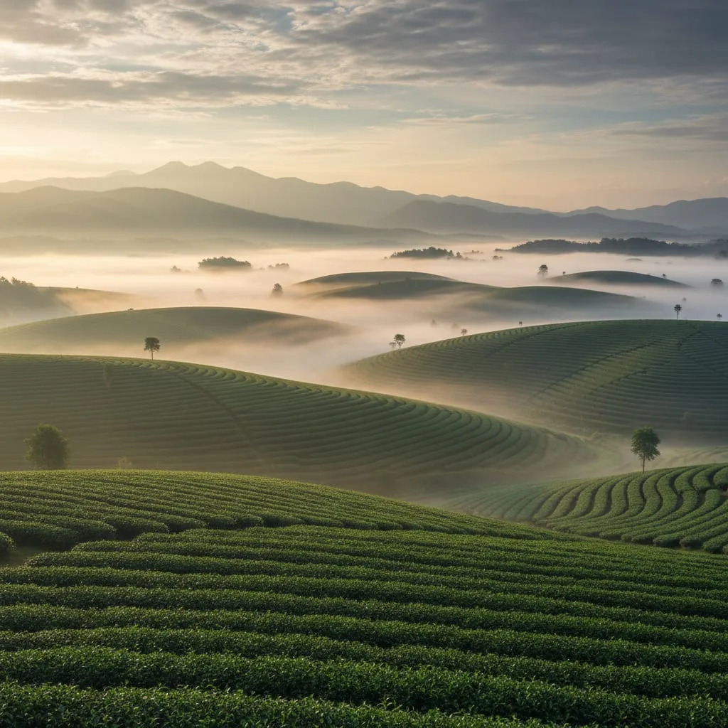 Misty tea plantations in Chiang Rai province northern Thailand
