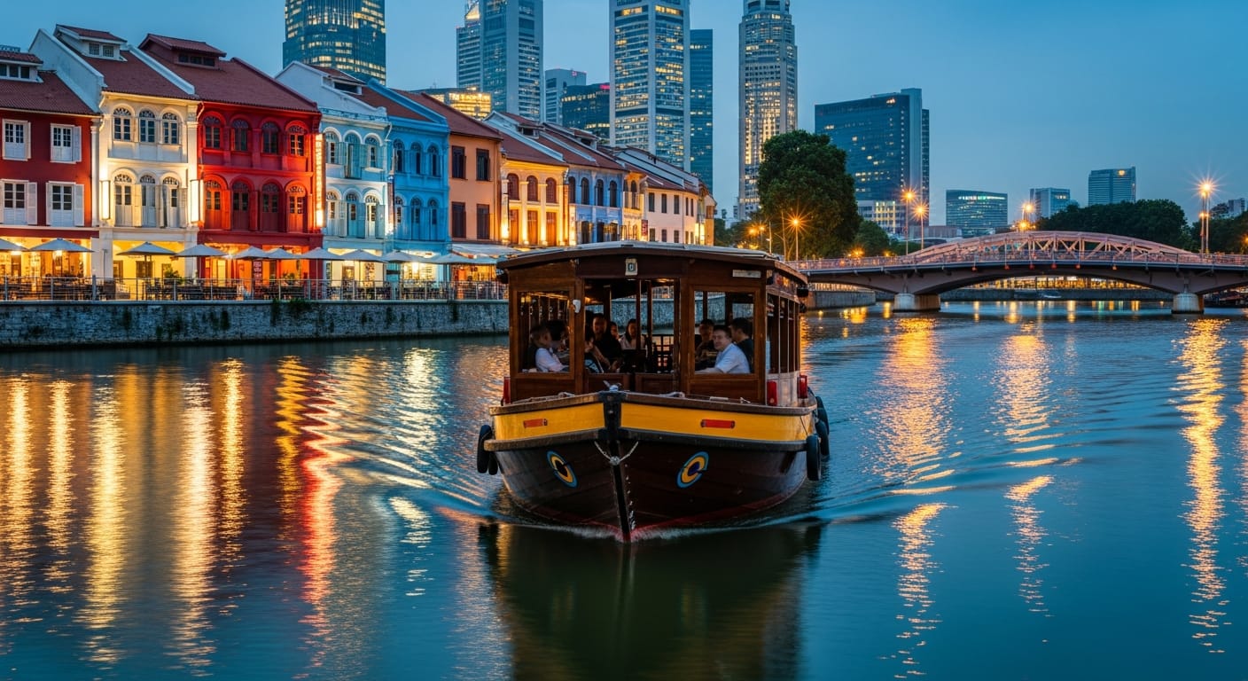 Singapore River cruise bumboat departing Clarke Quay Singapore at blue hour