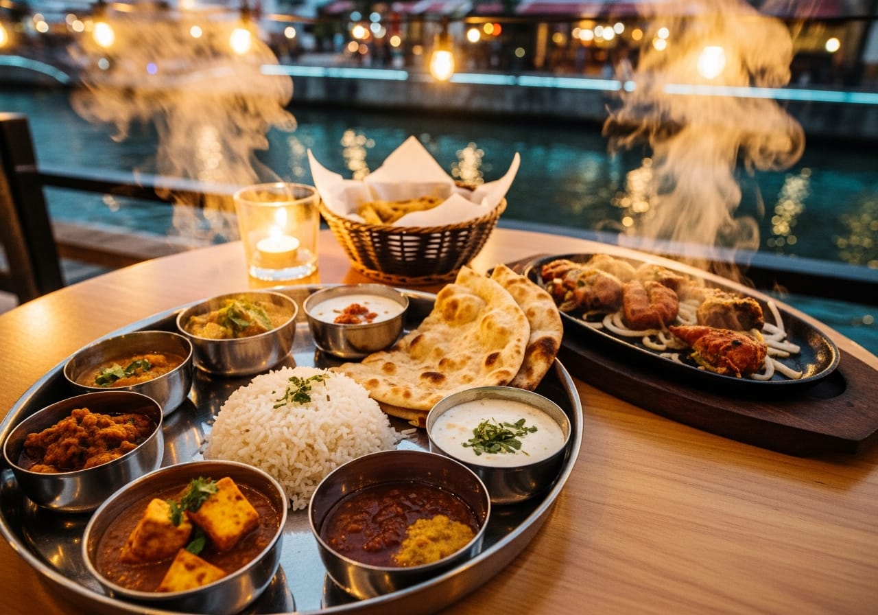 Indian vegetarian thali at a riverside Clarke Quay restaurant in the evening