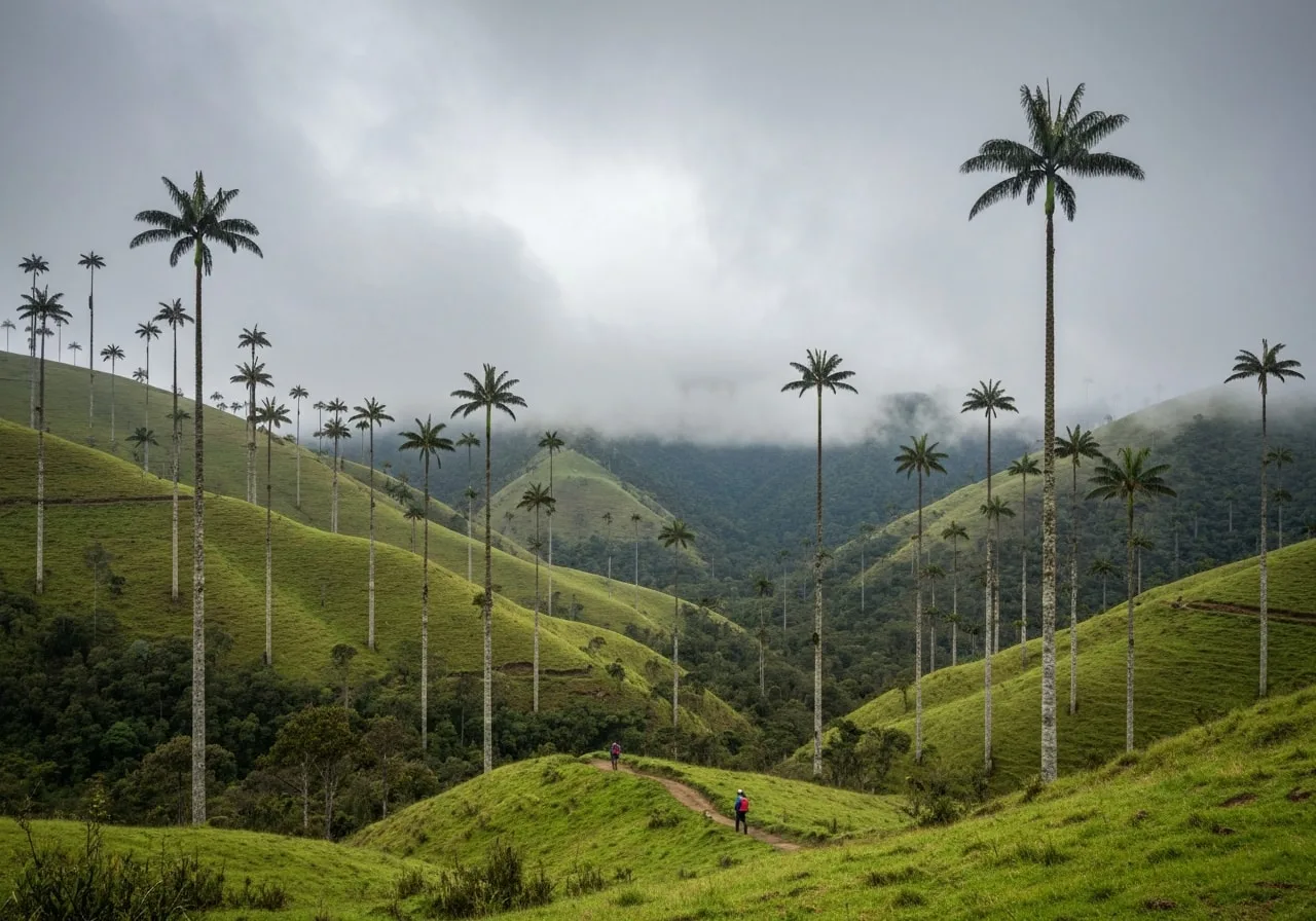 Cocora Valley wax palms reaching into misty Colombian sky