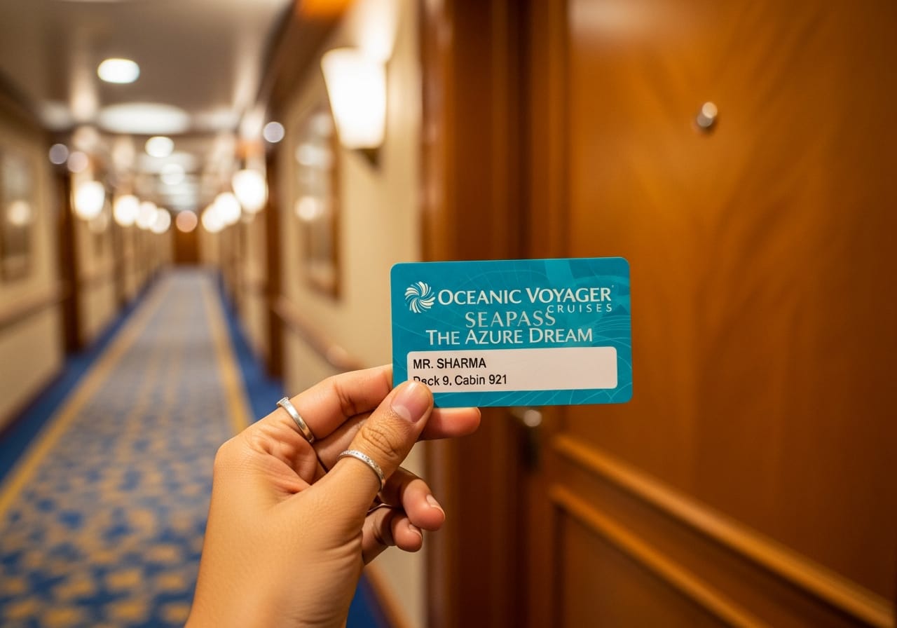 Cordelia cruise boarding process: the SeaPass cruise card held outside a stateroom door