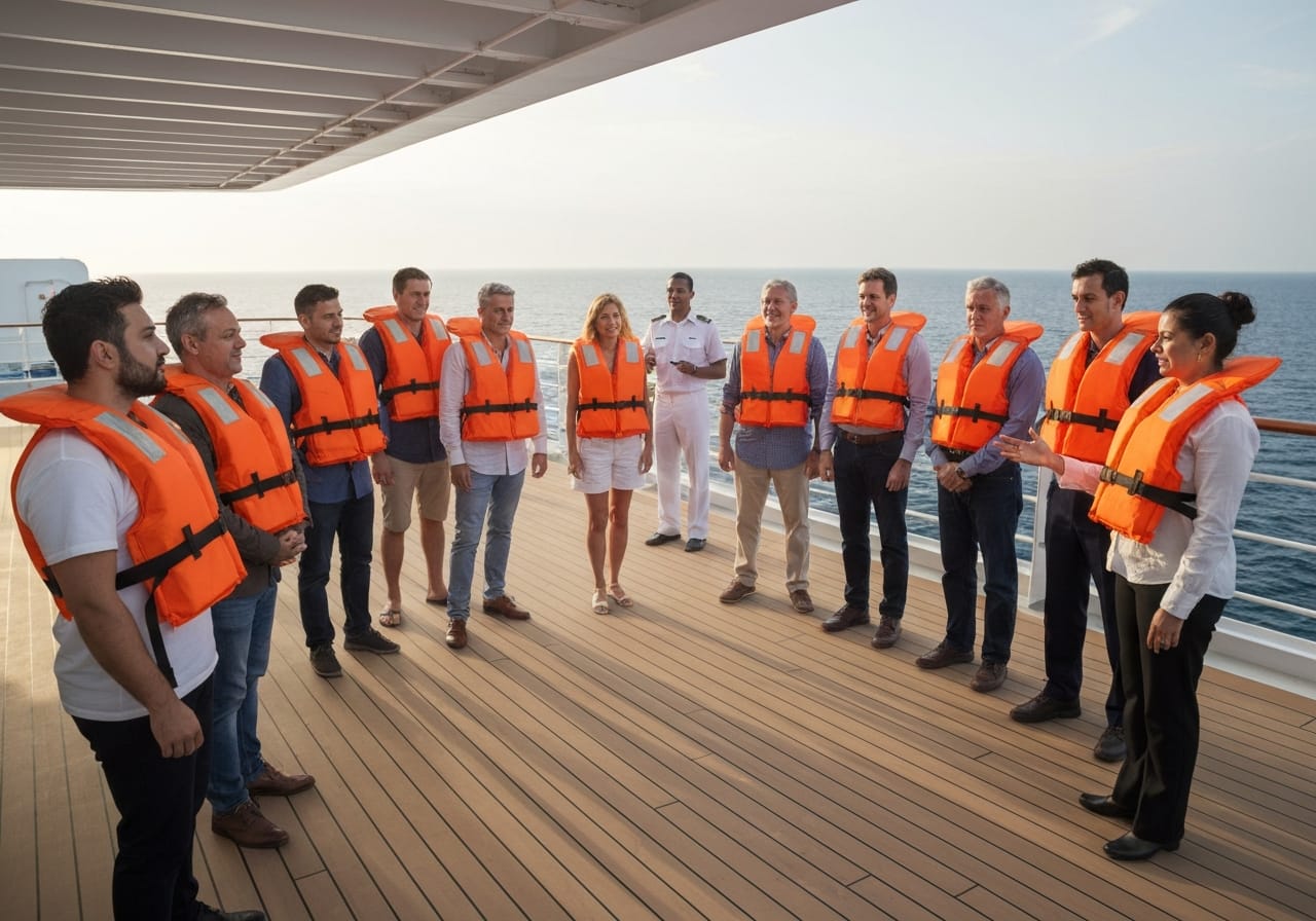 Passengers in orange life jackets at a cruise safety muster drill during embarkation