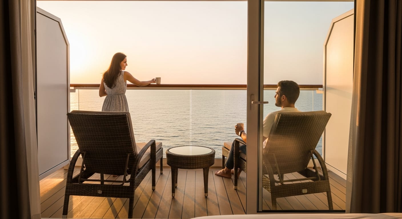Couple on a private balcony of a Cordelia cruise mini suite at sunset