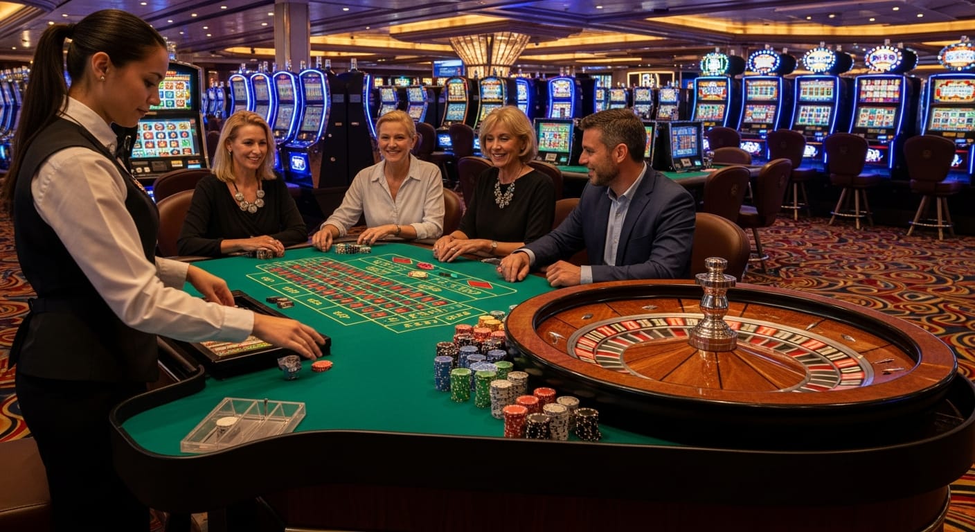 The Cordelia cruise casino with a roulette table and slot machines onboard the Empress