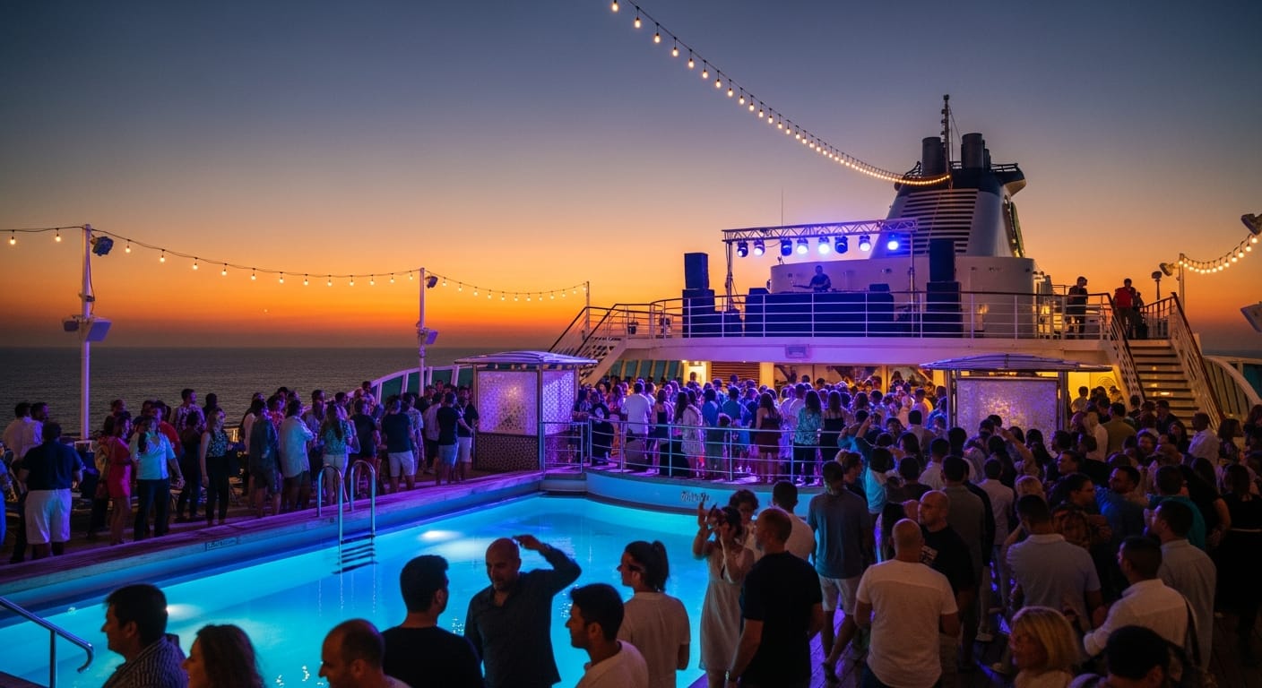 A deck party at dusk with a pool and DJ, one of the top things to do on Cordelia cruise
