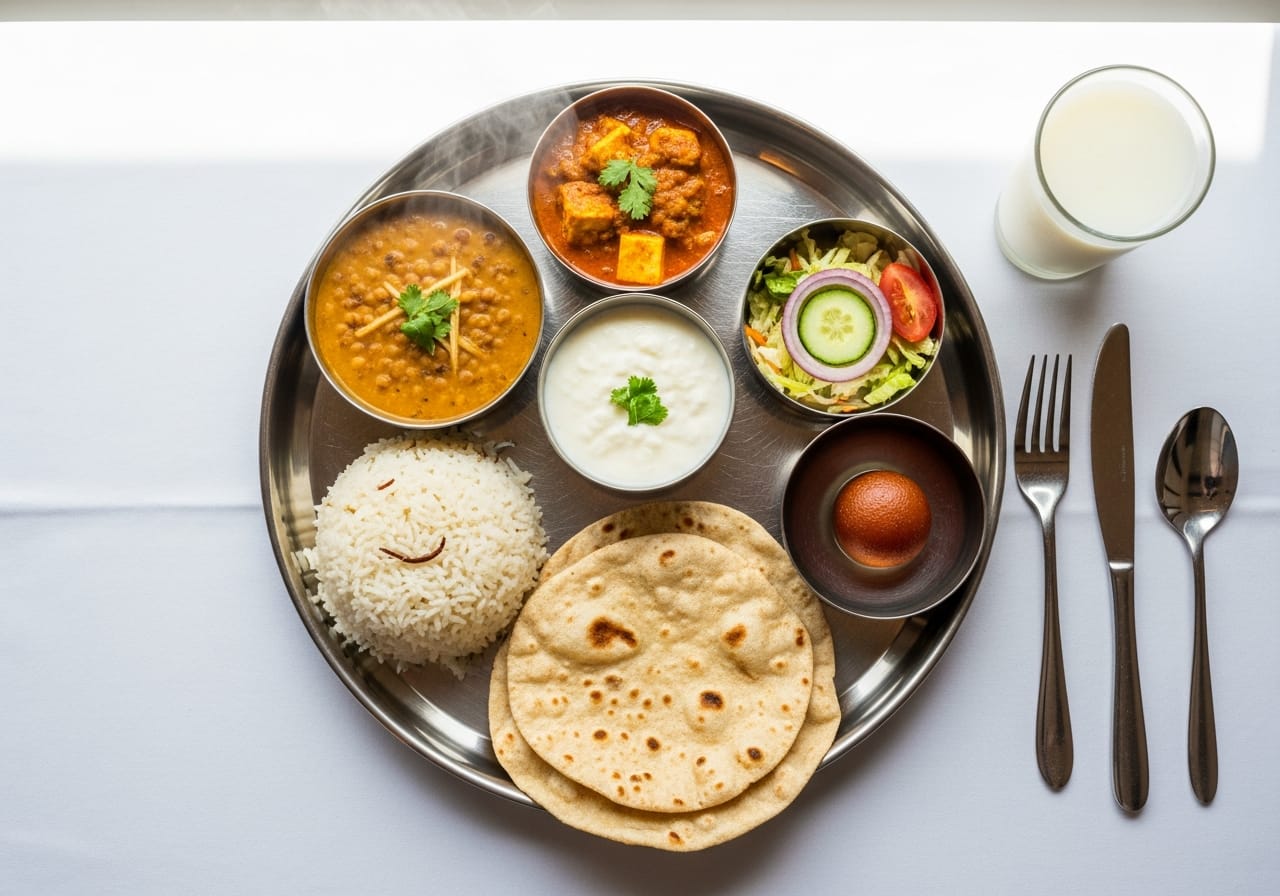 Vegetarian Jain thali served on a Cordelia cruise with family