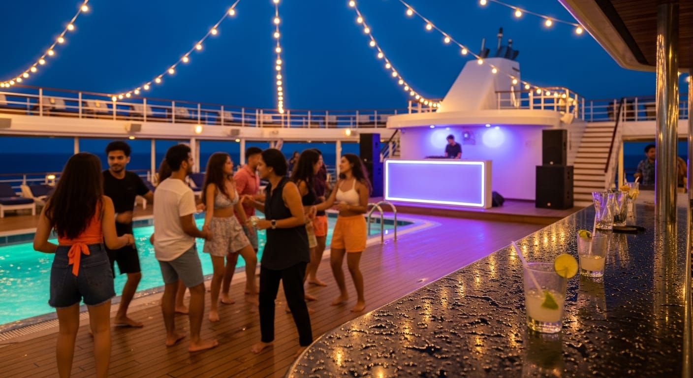 Pool deck party at dusk on the cordelia cruise mumbai to goa weekend sailing