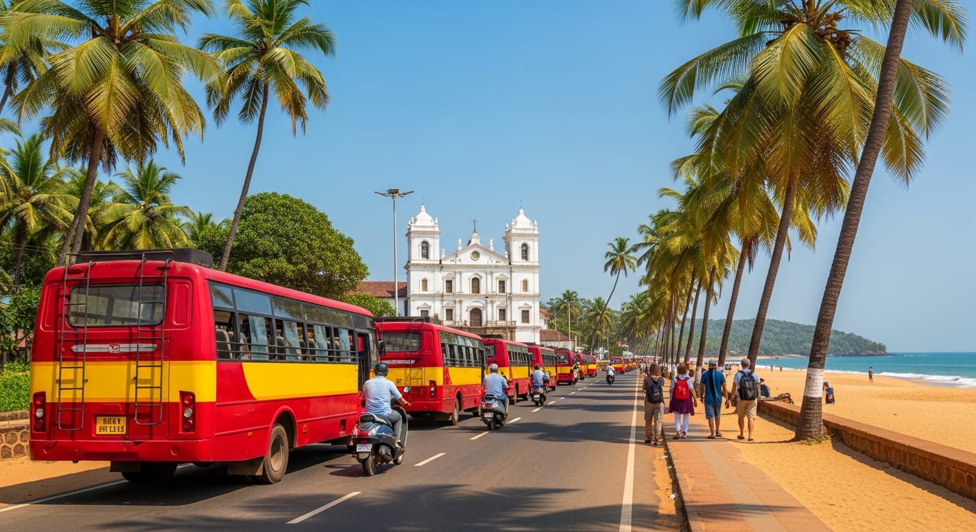 Goa coastal road with tourist buses near a beach during the Mumbai to Goa cruise day