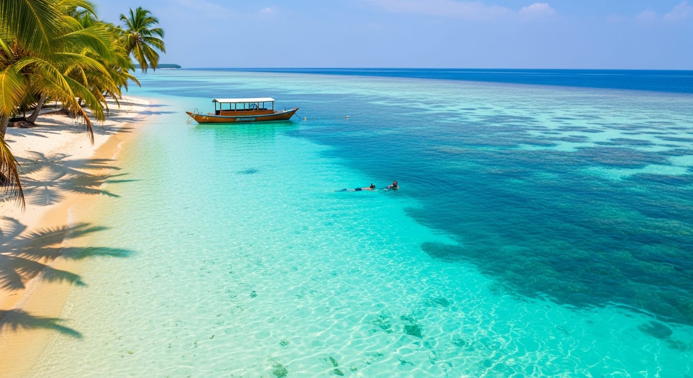 Clear turquoise lagoon at Kavaratti in Lakshadweep with snorkellers and a glass-bottom boat